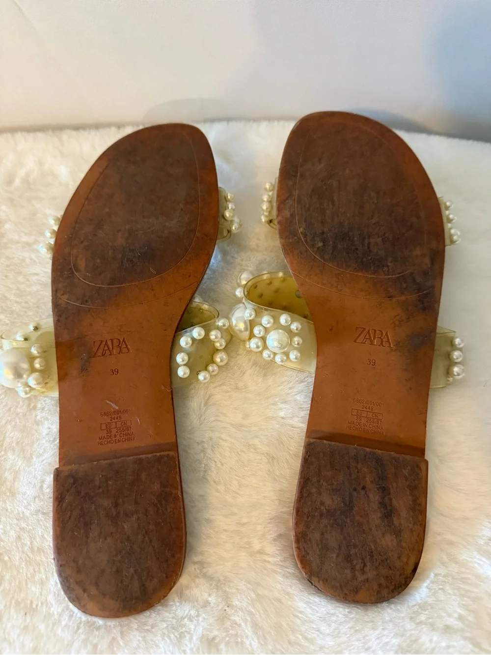 ZARA Brown Slide Sandals with Pearl-Embellished Ivory Straps - Picture 2 of 3